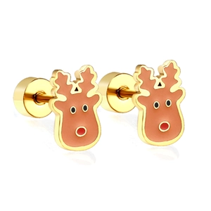 Chic cartoon reindeer earrings made of gold-plated stainless steel for Christmas