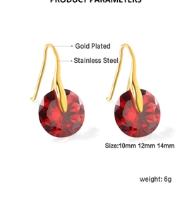 Detailed size parameters for gold plated stainless steel red gemstone drop earrings