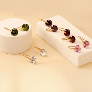 Round Rhinestone Hook Earrings Stainless Steel Gold Plated Anti Allergy Elegant Jewelry For Women