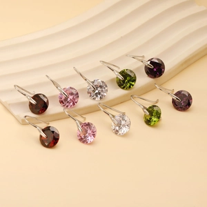 Minimalist round crystal hook earrings in five vibrant colors with bright silver metal finish