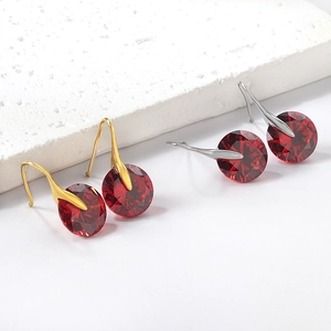 Minimalist round red gemstone dangle earrings in gold and silver stainless steel hooks