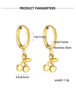 Detail of gold-plated stainless steel cherry hoop earrings with size and weight dimensions