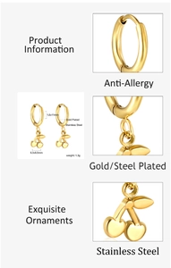 Detailed close-up of gold-plated cherry charm earrings with stainless steel hoops