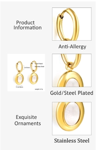 Detailed specs of gold stainless steel hoop earrings with shell pendants and measurements