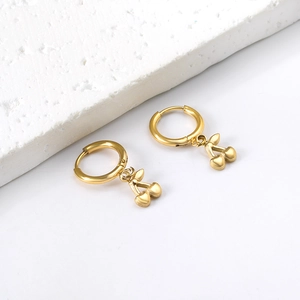 Minimalist golden cherry pendant hoop earrings crafted in stainless steel for women