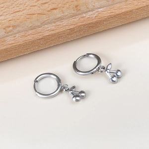 Polished silver stainless steel cherry hoop earrings for women in a minimalist style