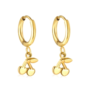 Polished gold cherry charm hoop earrings with detailed leaves on a white background