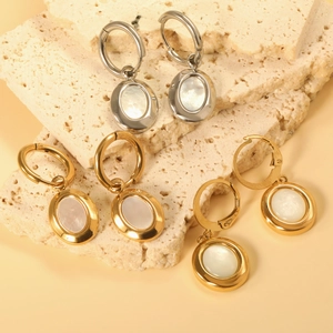 Oval Shell Pendant Hoop Earrings Stainless Steel Gold Plated Geometric High Polish Fashion Jewelry For Women