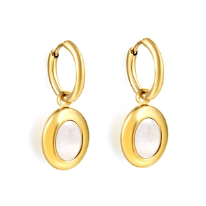 Golden hoop earrings with oval white shell pendants and high-polish metallic finish