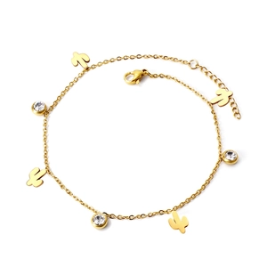 18K gold plated stainless steel anklet featuring cactus charms and clear crystal stones
