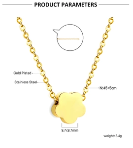 Detailansicht der 9,7mm goldenen Blumenkette mit Maßen und Edelstahl-Spezifikationen