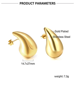 Detail showing dimensions of gold-plated stainless steel teardrop earrings 14.7x27mm