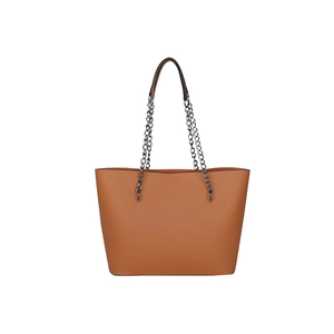 Brown retro tote bag with smooth leather finish and dark metal chain handle straps
