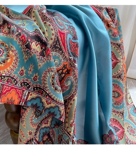 Gros plan d'une écharpe en soie avec motifs paisley et texture satinée lisse
