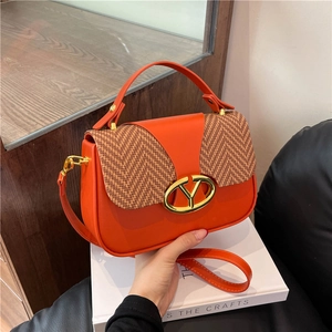 Women Fashion PU Leather Crossbody Bag With Herringbone Contrast Patchwork Gold Metal V Buckle Small Square Handbag