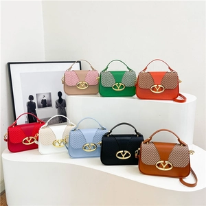 Women's two-tone textured crossbody bag with metal V-buckle and top handle