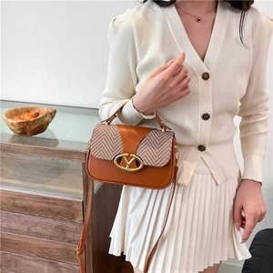 Brown contrast stitching small square bag with golden V-buckle and houndstooth detail