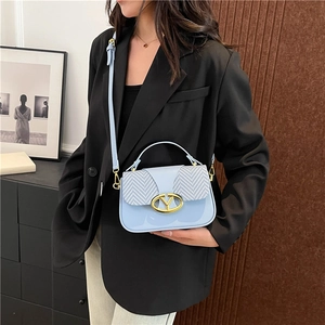 Fashion light blue top-handle crossbody bag with contrast weave panel and gold hardware