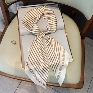 Écharpe en soie à rayures marron avec motif chaîne sur fond de magazine minimaliste