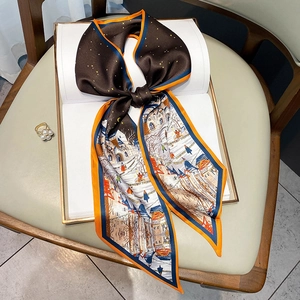 Artistic oil painting silk twilly scarf with winter town scenery and orange border