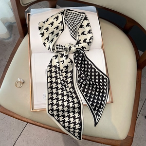 Fashion Skinny Scarf Houndstooth Print Satin Hair Band Bag Handle Wrap Retro Neck Ribbon Polyester For Women