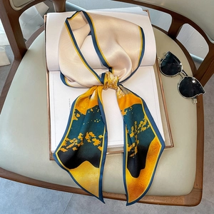Skinny Twilly Scarf Imitation Satin Oil Painting Art Print Elegant Neck Tie Handbag Handle Wrap Headband For Women