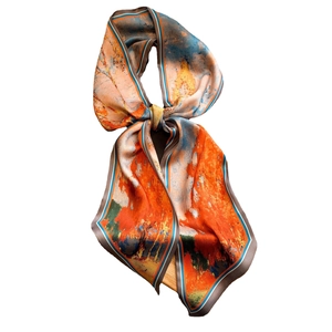Élégant foulard en soie avec motif paysage d'automne et accents de couleur orange