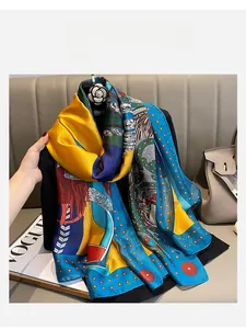 Detailed view of colorful printed silk scarf featuring geometric patterns and smooth texture