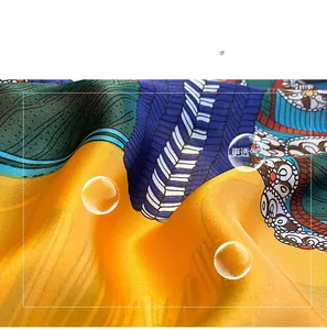 Macro detail of high-gloss imitation silk fabric with vibrant geometric patterns