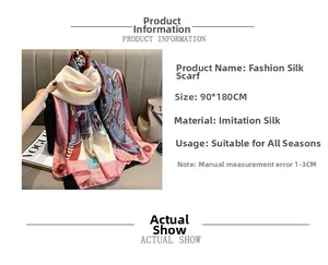 Detail of 90x180cm printed faux silk scarf with elegant floral patterns and soft texture