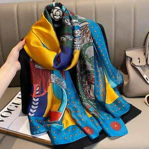 Vintage Satin Silk Scarf Women Paisley Horse Print Mid-Long Shawl Sun Protection Summer Beach Wrap Fashion Hair Accessories