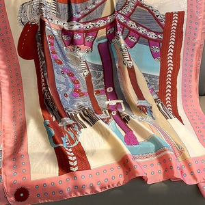 Detail of silk scarf with vintage prints, pink polka dot border and satin finish