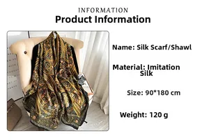 Detailed specs of floral paisley imitation silk scarf shawl, size 90x180cm, 120g weight
