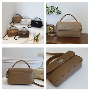 Close-up of litchi grain leather handbags showing rotating metal locks and multiple colors