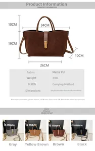 Detailed size chart and dimensions of the retro matte PU tote bag with color options