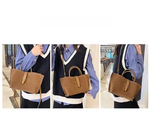 Three-way view of a large brown suede tote bag showing handheld and shoulder bag styles