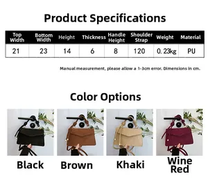 Detailed size chart for the crossbody bag showing dimensions and four classic color options
