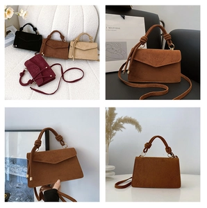 Detail view of retro suede crossbody bags with knotted handles in four elegant colors