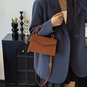 French retro brown frosted suede square shoulder bag with unique knot handle detail