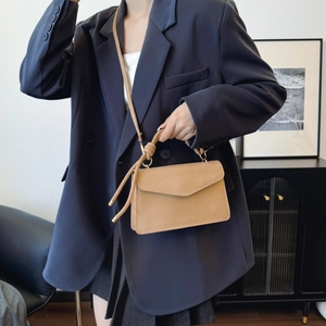 French retro frosted crossbody bag in khaki suede finish for elegant women style