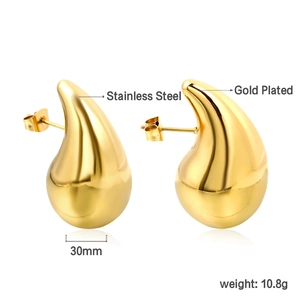 Detailed specs of water drop gold plated stainless steel earrings showing 30mm height