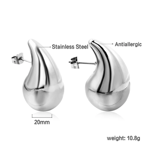Polished teardrop stainless steel earrings, 20mm wide, featuring antiallergic finish