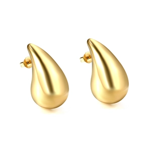 Modern gold-plated stainless steel teardrop earrings with a soft matte finish on white base