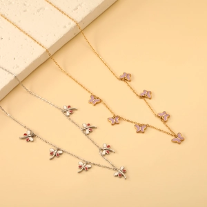 Charmant collier papillon doré violet et collier libellule argenté pour femme
