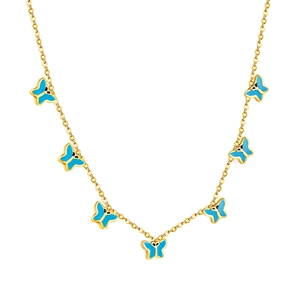 Collier en acier inoxydable doré avec sept pendentifs papillon en émail bleu