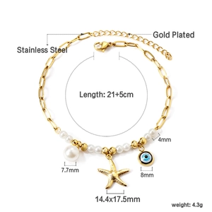 18k gold plated stainless steel anklet with starfish, evil eye and pearls, 21+5cm