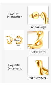 Détail des boucles d'oreilles torsadées en acier plaqué or avec dimensions de 8x24mm