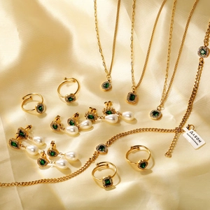 Parure di gioielli vintage in acciaio inossidabile placcato oro 18K e pietre verdi