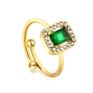 Anello vintage francese oro 18K con pietra verde smeraldo e pavé di zirconi