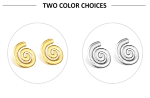 Close-up of spiral stud earrings in gold and silver finishes with two color choices